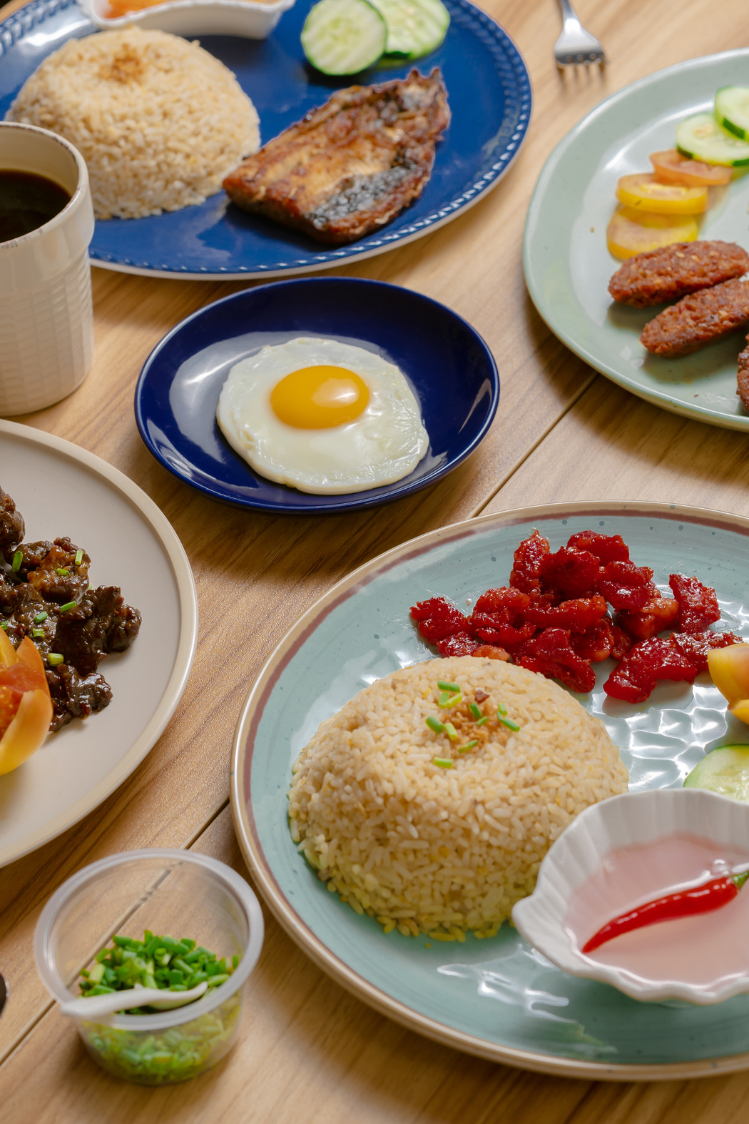 Four Filipino Meals and Egg Flat Lay 